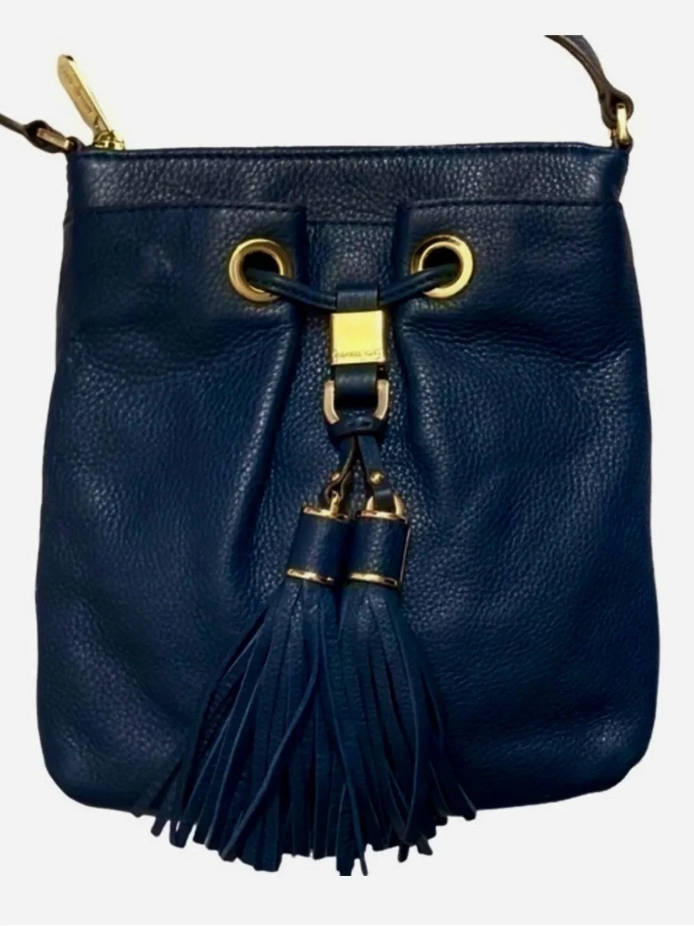 Michael Kors Navy Leather Tassel Crossbody Bucket Bag